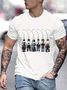 Men's T-Shirts With Horror Character Print And Bottle Pendant, White Short-Sleeved T-Shirts, Round Neck And Casual Style, Conventional Fabric Versions Of Comfortable T-Shirts, Perfect For Daily Leisure And Outdoor Fashion, Strong Urban Retro Style Combination, Suitable For Holidays Or Gifts. - 白色 - 查看 1