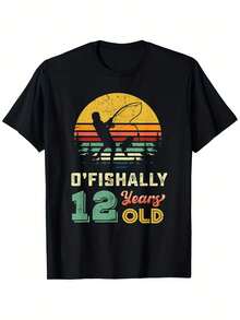 T-shirt Ofishally pour le 12e anniversaire pour les garçons pêcheurs, 100% coton, t-shirt avec design de pêcheur, 180 g, col rond, noir, tailles S-XXXL - Noir - Voir 1