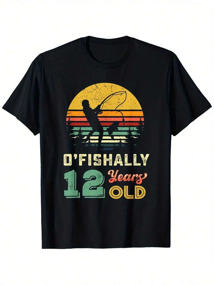 T-shirt Ofishally pour le 12e anniversaire pour les garçons pêcheurs, 100% coton, t-shirt avec design de pêcheur, 180 g, col rond, noir, tailles S-XXXL - Noir - Voir 1