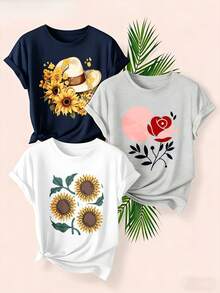 Women's T-Shirts, Women's T-Shirts, [New Product 2026] Printed Crew Neck T-Shirt For Mother's Day, 1-Piece Set, Available In Various Colors And Prints, Casual, Fashionable Top, Made Of Soft, Breathable, And Machine-Washable Material, Suitable For Home Or Outdoor Wear. Basic T-Shirt For Women. - 1件白色隨機圖案 - 查看 1