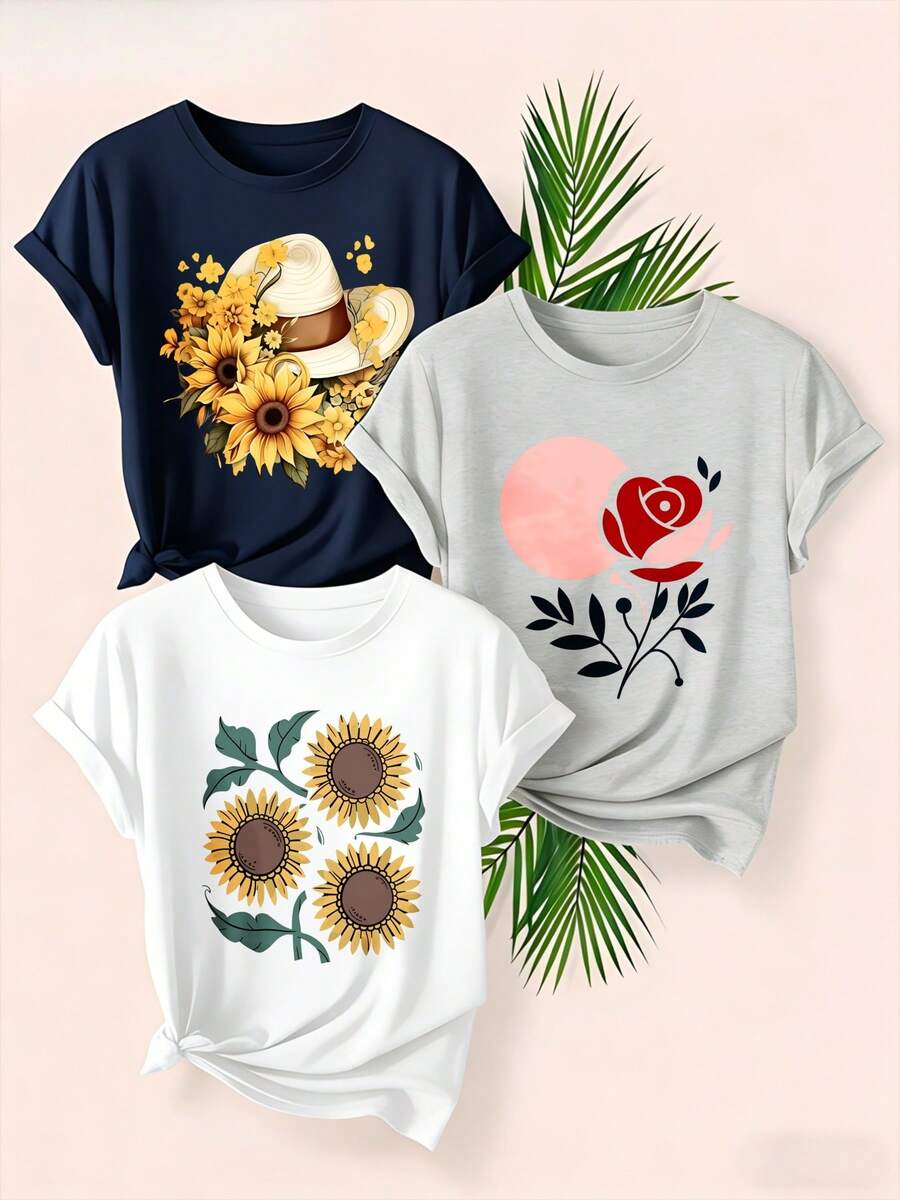 Women's T-Shirts, Women's T-Shirts, [New Product 2026] Printed Crew Neck T-Shirt For Mother's Day, 1-Piece Set, Available In Various Colors And Prints, Casual, Fashionable Top, Made Of Soft, Breathable, And Machine-Washable Material, Suitable For Home Or Outdoor Wear. Basic T-Shirt For Women. - 1件白色隨機圖案 - 查看 1
