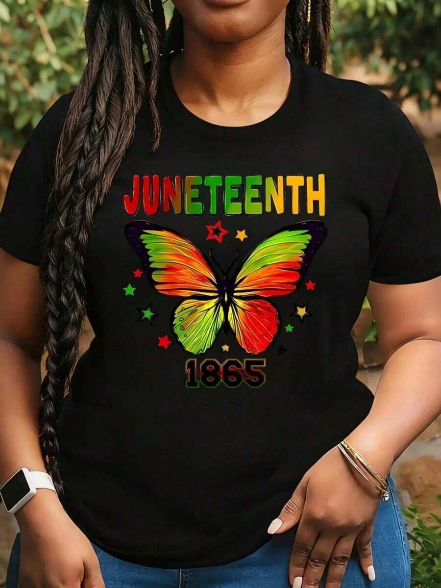 GiftGiftJuneteenth 1 Pieza Camiseta Divertida de Manga Corta con Estampado Gráfico para Mujer, Talla Grande, Novedosa, 100% Poliéster, Cuello Redondo Casual, SuaveSoft - Negro - Ver 1