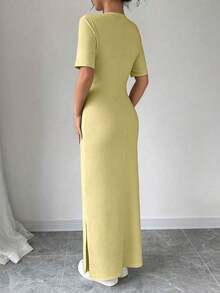 Vestido largo de mujer de manga corta con cuello en V y bajo dividido, de unicolor, vestido maxi elegante de color burdeos, vestido largo ajustado, vestido largo rojo, vestido maxi de manga corta para mujer, vestidos de mujer, vestido largo ajust - Amarillo claro - Ver 2
