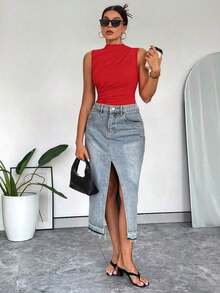 Body sin mangas para mujer con cuello alto y pliegues casuales de verano - Rojo - Ver 5