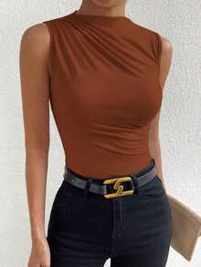 Camiseta sin mangas de corte slim con pliegues de unicolor minimalista para uso diario en verano para mujeres - Marrón Mocha - Ver 3