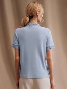 Blusa elegante y estilizadora para mujer, de manga corta, de punto, con adornos de strass, versátil, ideal para vacaciones y casual, nueva colección primavera/verano de - Azul - Ver 7