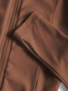 Chaqueta deportiva casual con cremallera en negro y blanco, de manga larga y ajustada, ropa exterior delgada para otoño - Marrón - Ver 4