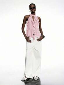 Elegant Solid Color Halter Top With Ruffles For Women - 羅莎 - 查看 11