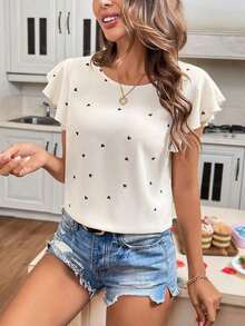 Blusa de cuello redondo con volantes y estampado de sombras florales primaverales para mujeres - Albaricoque - Ver 7