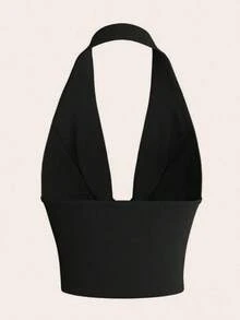 Top halter corto y sexy sin espalda de unicolor con cuello drapeado sin mangas para mujer, estilo Y2K para salir en verano - Negro - Ver 4