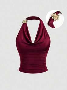 Top sin mangas con cuello de volantes inspirado en el estilo vintage, diseño de cintura fruncida, top de verano de moda para mujeres - Burdeos - Ver 7