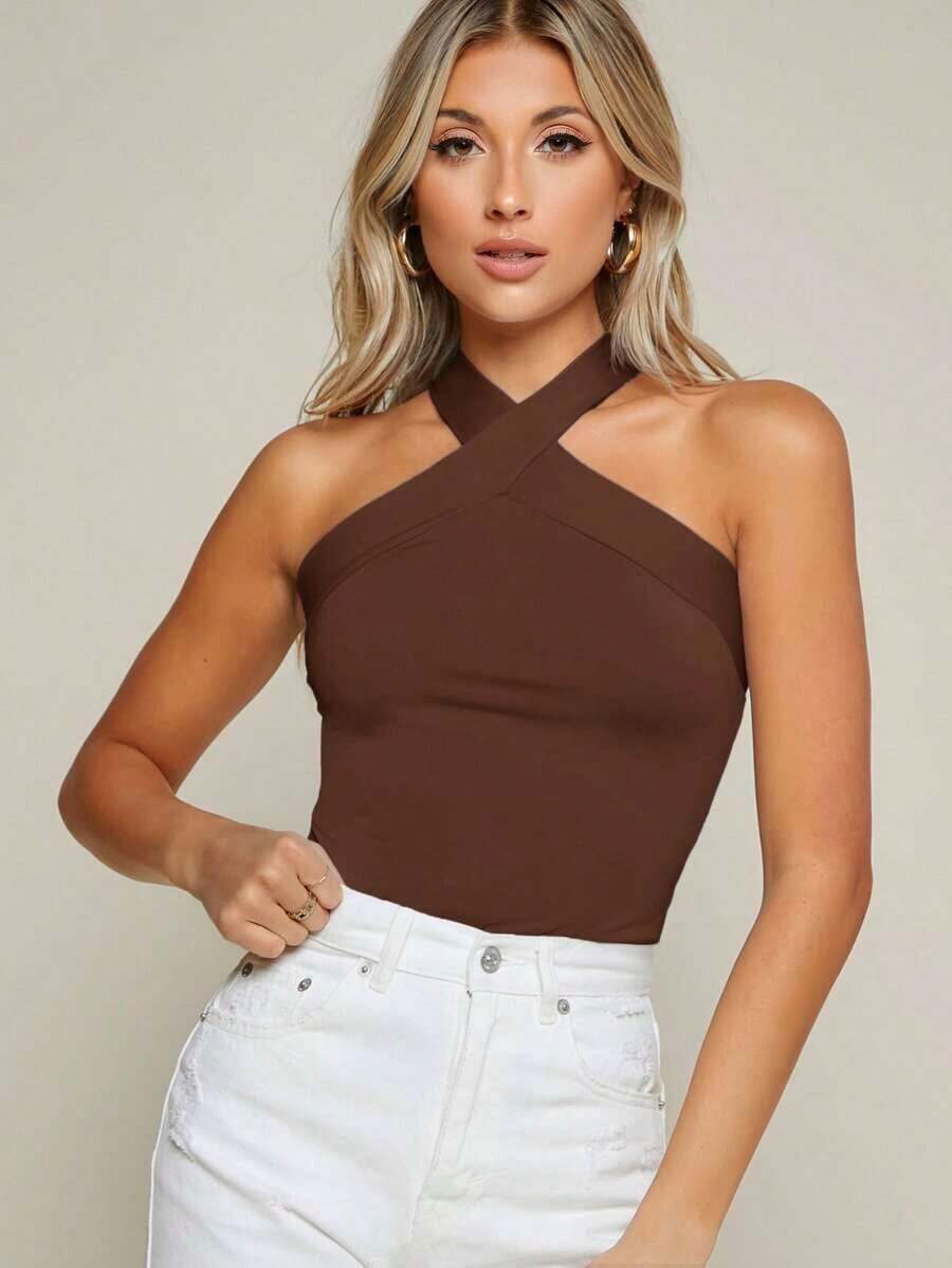 Top halter delgado unicolor con tiras cruzadas - Marrón Chocolate - Ver 1