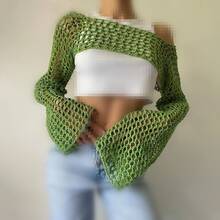 Sexy Hollow Knit Sweater, Solid Color Round Neck Long Sleeve Knit Cardigan, 2026 New Model - Green - View 1
