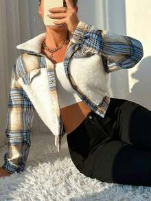 Chaqueta Teddy con Cuello Borg y Estampado a Cuadros para Mujer, Ropa de Otoño Invierno - Blanco - Ver 3