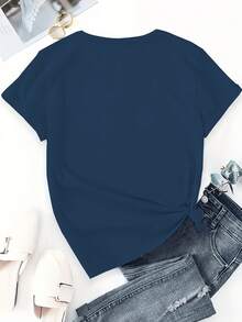 100% Cotton T-Shirt With New York City Landscape And Motivational Text Print, Round Neck, Short Sleeves, Casual Summer Clothing, Comfortable And Breathable For Women - 藍海 - 查看 2
