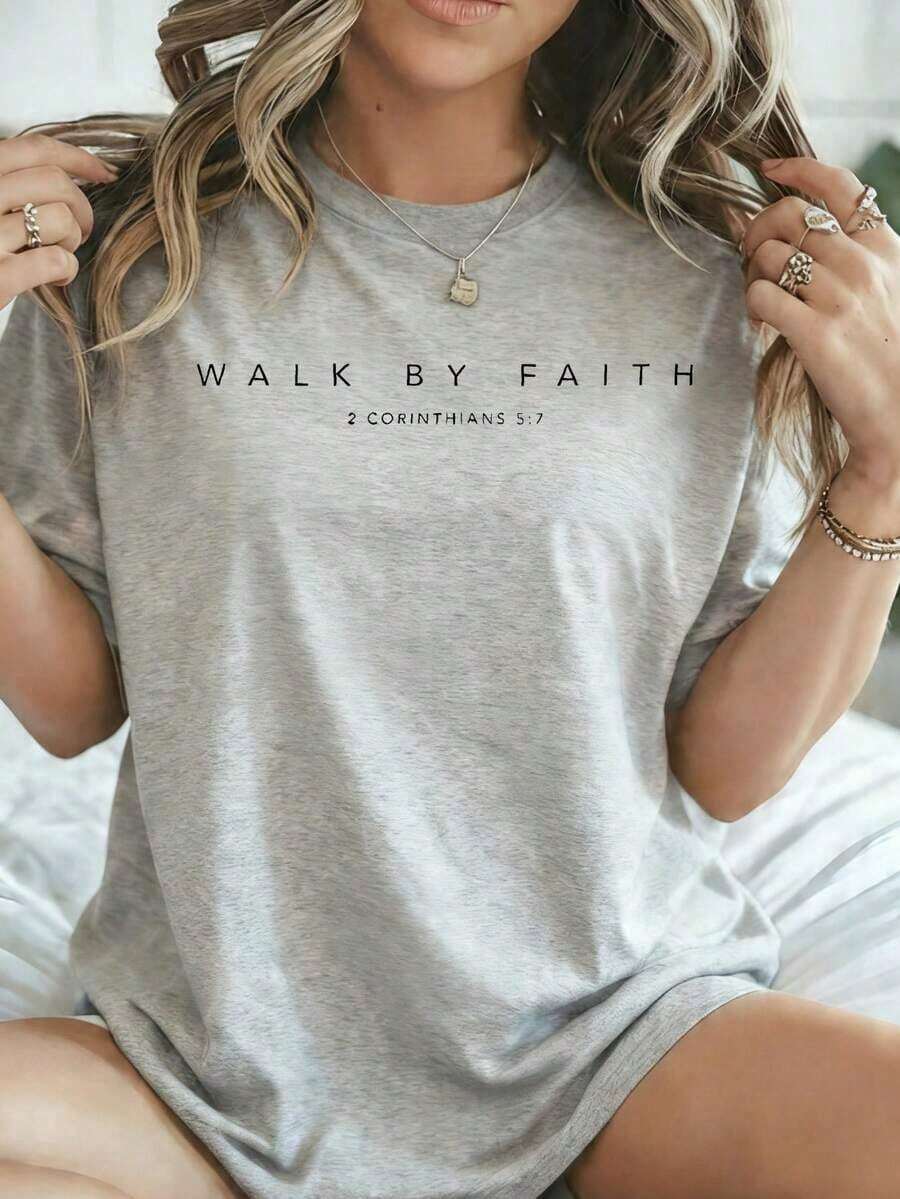Women's Christian Shirt "Walk By Faith 2 Corinthians 57", 100% Cotton, Loose Fit, Graphic T-Shirt With Bible Verse And Inspirational Message, White, Casual, For Everyday Wear - 灰色 - 查看 1