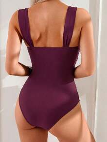 Swim Basics Traje de baño de una pieza con hombros fruncidos de unicolor, estilo minimalista bohemio de festival para mujer - Rojo violeta - Ver 2
