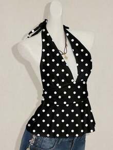 Parte superior con escote halter de cuello en V profundo y espalda descubierta con estampado de lunares retro para mujer, sexy para clubes, Y2K, grunge, clásico, old money, clubes, fiestas, moda hip-hop - Multicolor - Ver 6