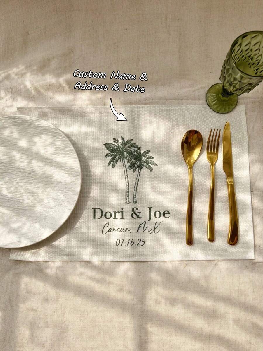 1pc Customizable Linen-Like Placemat, Wedding Memorial Placemat, Palm Tree Pattern Heat-Resistant Mat, Wedding Party Tabletop Decor, Suitable For Wedding, Anniversary, Party, Waterproof Dining Mat, Couple's Memorial Souvenir - Multicolor - View 1
