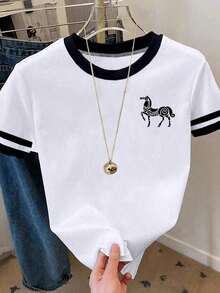 Camiseta de mujer casual de cuello redondo y manga corta con estampado de lazo - Multicolor - Ver 3