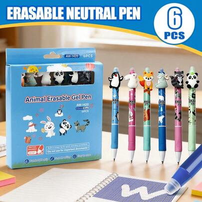 6pcs Animal Shaped Erasable Ballpoint Pens, 0.5mm Blue Ink Retractable Tip, 3D Decor Pen Head, Comfortable Grip, Heat Resistant & Erasable, Suitable For Students & Office Use