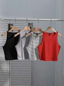 Conjunto de 4 piezas para mujer: Camiseta sin mangas a rayas en blanco y negro, cereza casual para vacaciones, versátil y sexy para el verano y el regreso a la escuela - Multicolor 16 - Ver 1