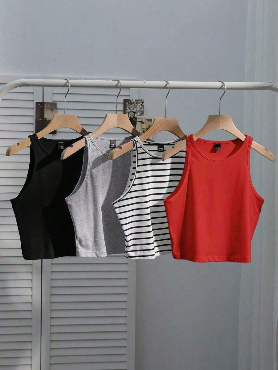 Conjunto de 4 piezas para mujer: Camiseta sin mangas a rayas en blanco y negro, cereza casual para vacaciones, versátil y sexy para el verano y el regreso a la escuela - Multicolor 16 - Ver 1