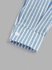 Nueva llegada Camisa de manga larga a rayas azul claro cómoda y casual para uso diario, blusa elegante y de moda de manga larga con hombros descubiertos - Azul y blanco - Ver 5