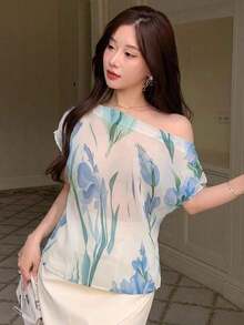 Blusa holgada con estampado floral en toda la prenda, para Año Nuevo, Vacaciones de verano, Salidas de mujeres, Pascua, Estilo bohemio - Azul - Ver 4