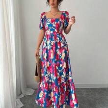 Elenzya Floral Print Waist Defined Puff Sleeve Square Neck Women Dress - Amarillo - Ver 6