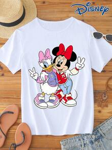 1 Piece Women's Short-Sleeve T-Shirt With Disney Minnie Mouse And Daisy Duck Graphic Print. Round Neckline, Stretchy Fabric And Easy To Care For. Fashionable Casual Top Perfect For Everyday Wear. - trắng - Xem 8