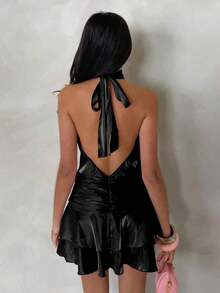 Vestido corto de mujer de satén rosa y gasa con cuello halter y espalda descubierta, falda corta de línea A con dobladillo de volante doble que expone la cintura, elegante conjunto de verano adecuado para conciertos, fiestas, citas románticas, ceremonias de graduación y otras ocasiones - Negro - Ver 4