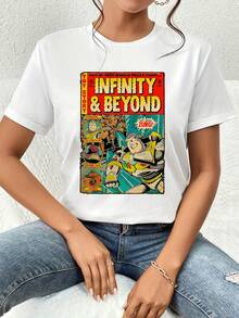 El gráfico muestra una escena colorida que simboliza la valentía y la aventura infinita en el cosmos con personajes heroicos y frases motivadoras que inspiran ir más allá camiseta de mujer  cómoda ideal para uso diario y para expresar energía positiva - Blanco - Ver 1