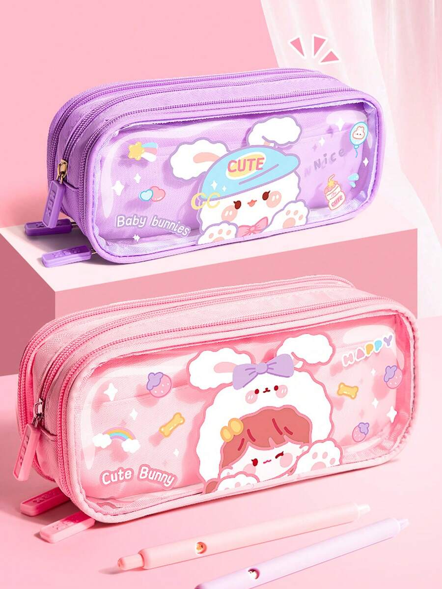 2026 New Transparent Pencil Case, Large Capacity 3-Layer Highly Attractive INS Style Pencil Box For Girls, Color-Block Student Stationery Box, Minimalist - Single Piece - View 1