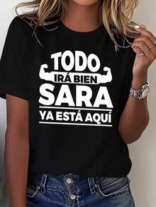 Camiseta negra de manga corta con cuello redondo para mujer con estampado de eslogan blanco, largo regular, estilo fiesta. - Negro - Ver 2