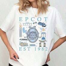 Graphic2026 New Arrival Summer Unisex Graphic T-Shirt "EPCOT EST 1982", White Crew Neck Short Sleeve T-Shirt, World Parks Icon Print, Oversized Top For Fans And Casual Wear, Fashionable Women's T-Shirt, Summer Top, Crew Neck - 白色 - 查看 1