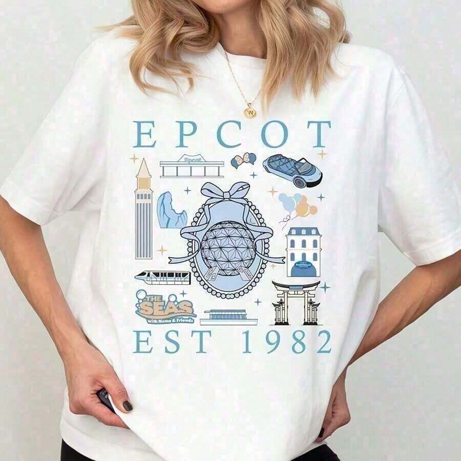 Graphic2026 New Arrival Summer Unisex Graphic T-Shirt "EPCOT EST 1982", White Crew Neck Short Sleeve T-Shirt, World Parks Icon Print, Oversized Top For Fans And Casual Wear, Fashionable Women's T-Shirt, Summer Top, Crew Neck - 白色 - 查看 1