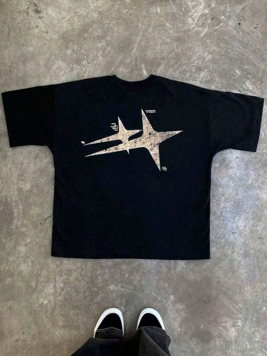 Casual Black Graphic T-Shirt Featuring A Cartoon Character Of An American Street Teenager Who Earned A Lot But Spent A Lot - 黑色 - 查看 1