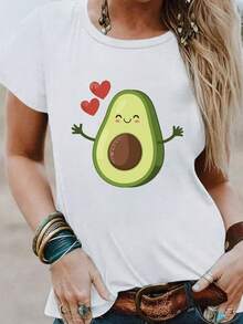 Camiseta de cuello redondo con estampado de aguacate, camiseta casual de manga corta para primavera y verano, ropa de mujer - Blanco - Ver 6