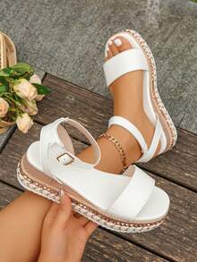 Sandal đế xuồng rộng, đế dày, cài khóa dành cho nữ, kiểu dáng thời trang phù hợp cho kỳ nghỉ, đi chơi, dự tiệc và tụ họp. - Màu trắng - Khóa vuông - Xem 3