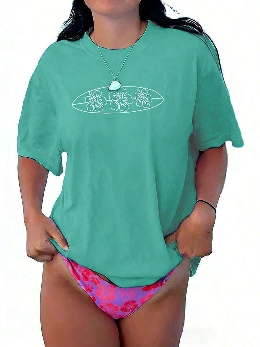 Letter Print T-Shirts For Women, Oversized Graphic Tees For Women And Teens, Y2k Short Sleeve Floral Print Graphic Tees, Aesthetic Summer T-Shirts, Cute And Preppy Women's Clothing For Vacation, Days Off, Everyday Casual Fashion And Versatility. - 薄荷綠 - 查看 1