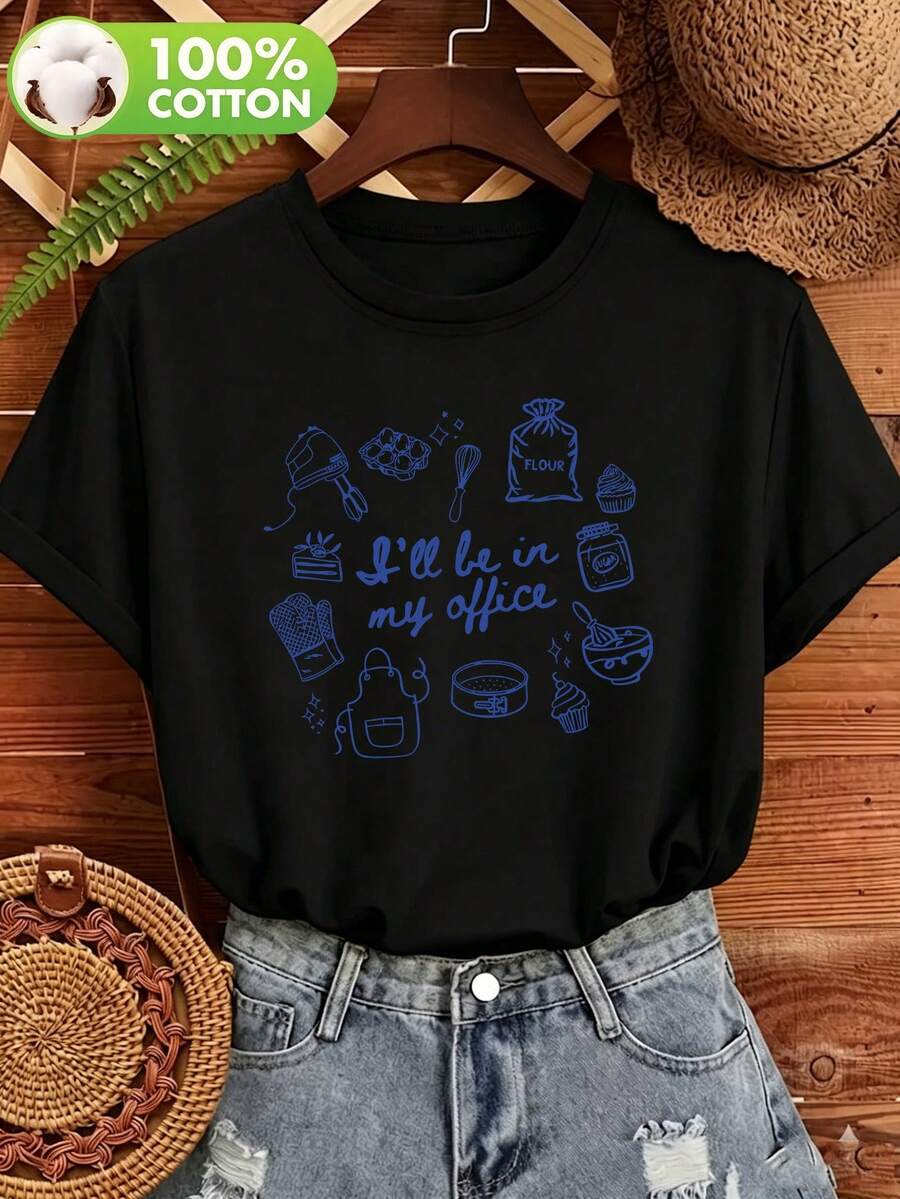 Camiseta de Mujer 100% Algodón con Estampado Divertido de Temática de Repostería "Estaré en mi oficina" - Estilo Casual para Primavera/Verano, Ideal para el Día a Día, Ropa de Mujer con Estilo Lindo y Energético, Diseño Versátil y Moderno, Cuello Redondo Simple, Cómoda, Transpirable, Manga Corta - Estilo Urbano Vintage, Unisex, Holgada, de Algodón, Manga Corta, Cuello Redondo, blusas para mujer. blusas.blusas casuales para dama. - Negro - Ver 1