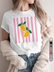 Camiseta deportiva casual para mujer, camiseta de cuello redondo, con rayas de limón, dulce y a la moda, casual de verano, atuendo para el Día de San Valentín, rayas de limón, estilo fresco, limón, rayas, top cómodo para todas las estaciones - Camiseta de manga corta de algodón holgada unisex estilo vintage para mujer. blusas.blusas casuales para dama. - Blanco - Ver 6