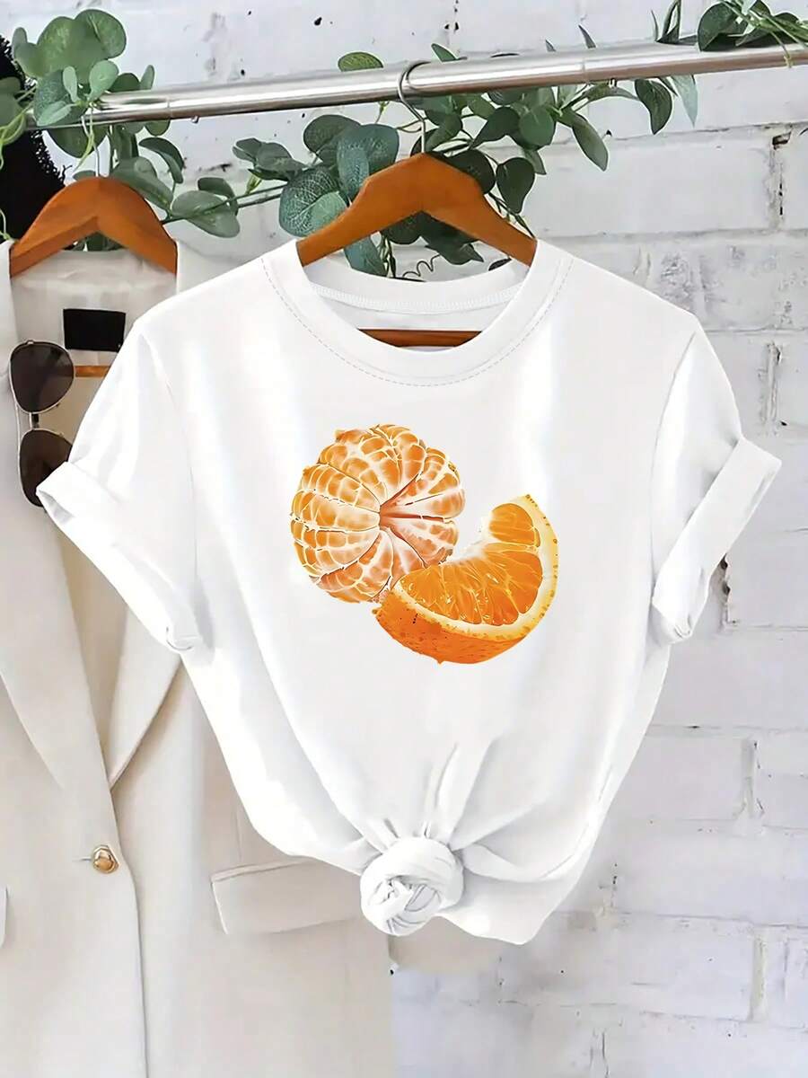 Camiseta de manga corta para mujer con estampado de rodajas de naranja y pulpa, estilo casual y moderno, ropa elegante para mujer - Camiseta unisex de algodón holgada de manga corta con cuello redondo, estilo vintage urbano, blusas para mujer. blusas.blusas casuales para dama. - Blanco - Ver 1