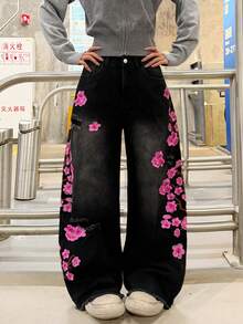1件女款美式街頭風破洞刺繡寬腿牛仔褲，寬鬆四季牛仔長褲（不含腰帶/配件）休閒 - 玫紅色 - 查看 8