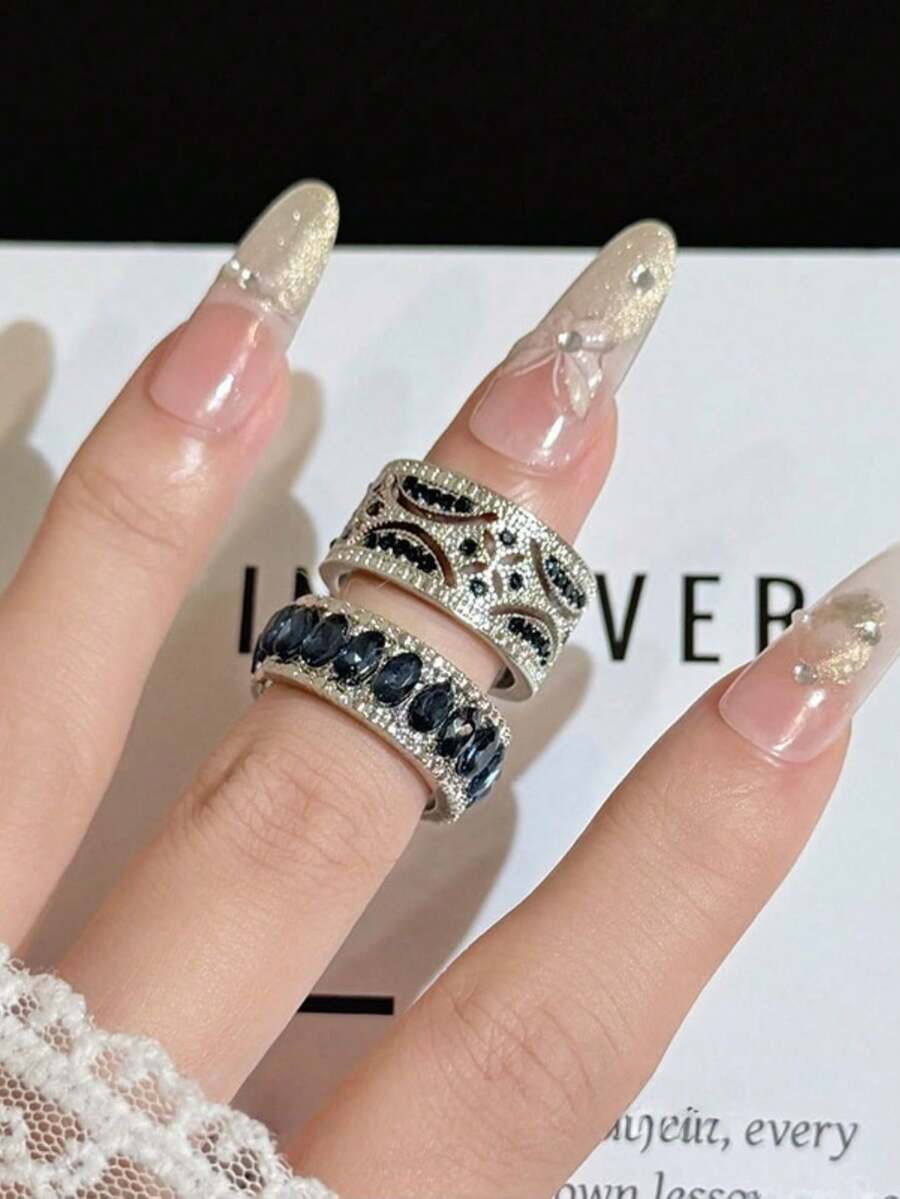 2件/1件裝 奢華藍鑽寬版戒指組，復古花卉圖案水鑽設計，高端小眾百搭戒指，送給朋友、女友生日/節日的最佳禮物 - 復古閃鑽戒指 - 查看 1