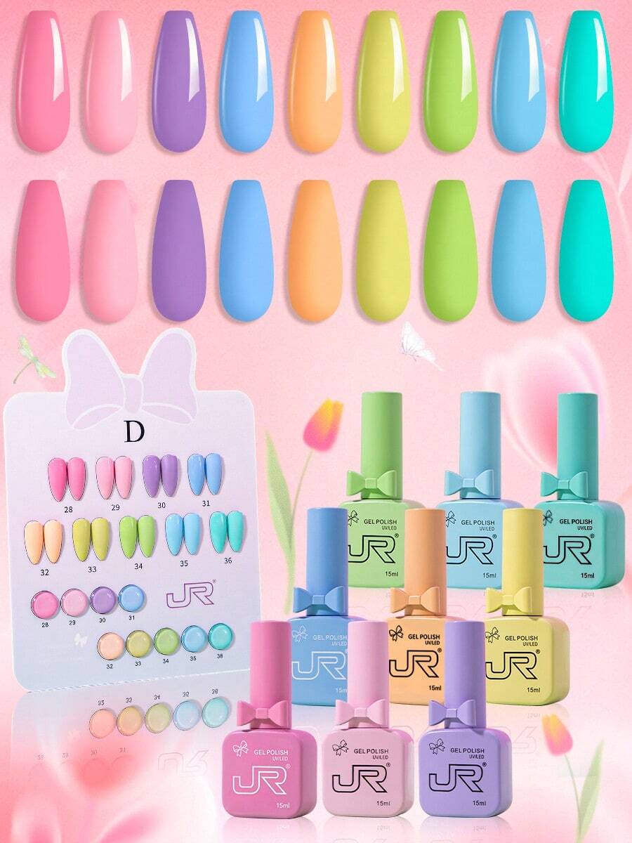 JR Set de 9 piezas de 15ml de esmalte de uñas en gel de colores, con botella y tapa con diseño de lazo para el Día de San Valentín, gel UV LED que se retira con remojo, regalo para las uñas de las niñas - Multicolor - Ver 1