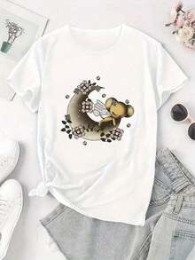 Camiseta Deportiva Casual para Mujer con Estampado Creativo de Ratón Lunar, Cuello Redondo, Mangas Cortas, Top Cómodo de Verano para Vacaciones. - Blanco - Ver 2