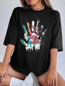Camiseta de gran tamaño para mujer con diseño de huella de mano del artista de grafiti, estilo informal y ajuste suelto. - Negro - Ver 2