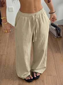 100% Cotton Washed White Trousers, Basic Minimalist Bohemian Style, For Summer Concerts, Outings And The Beach - 杏 - 查看 6